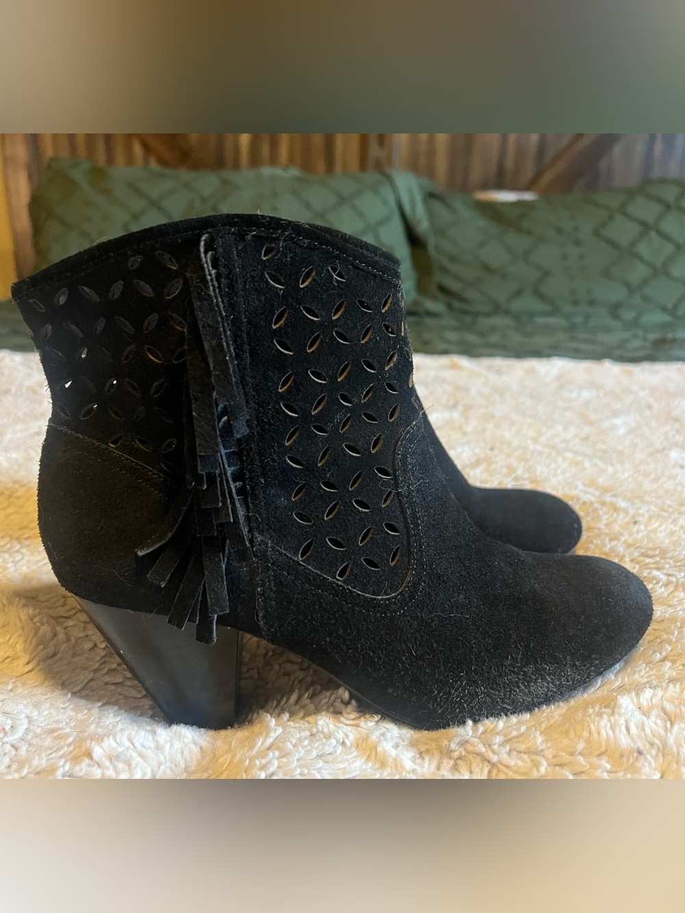 Jessica Simpson Black Suede Laser-Cut Fringe Ankle Booties